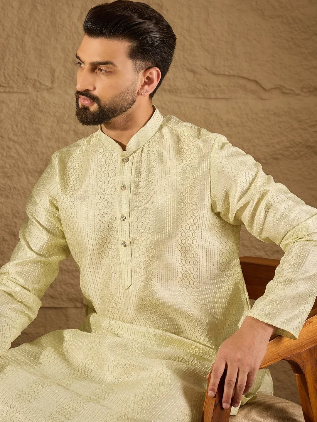 Men Green Silk Blend Embroidered Straight Kurta-MKU1287