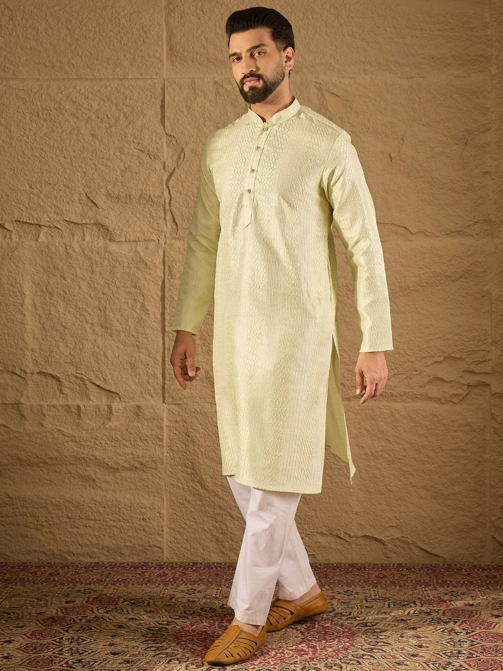 Men Green Silk Blend Embroidered Straight Kurta-MKU1287