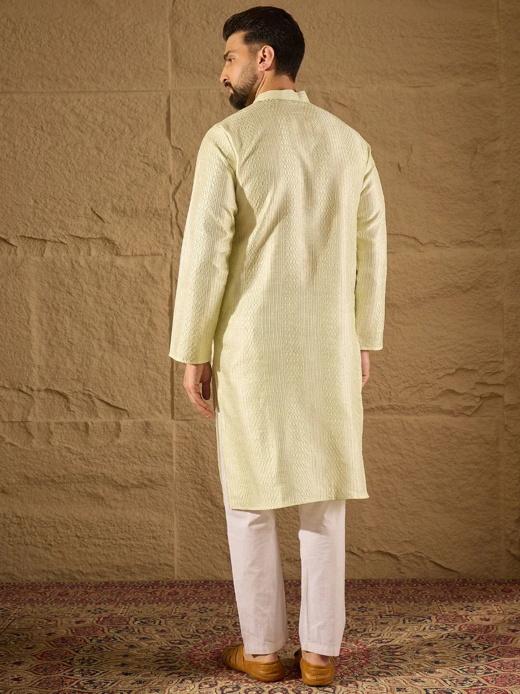 Men Green Silk Blend Embroidered Straight Kurta-MKU1287