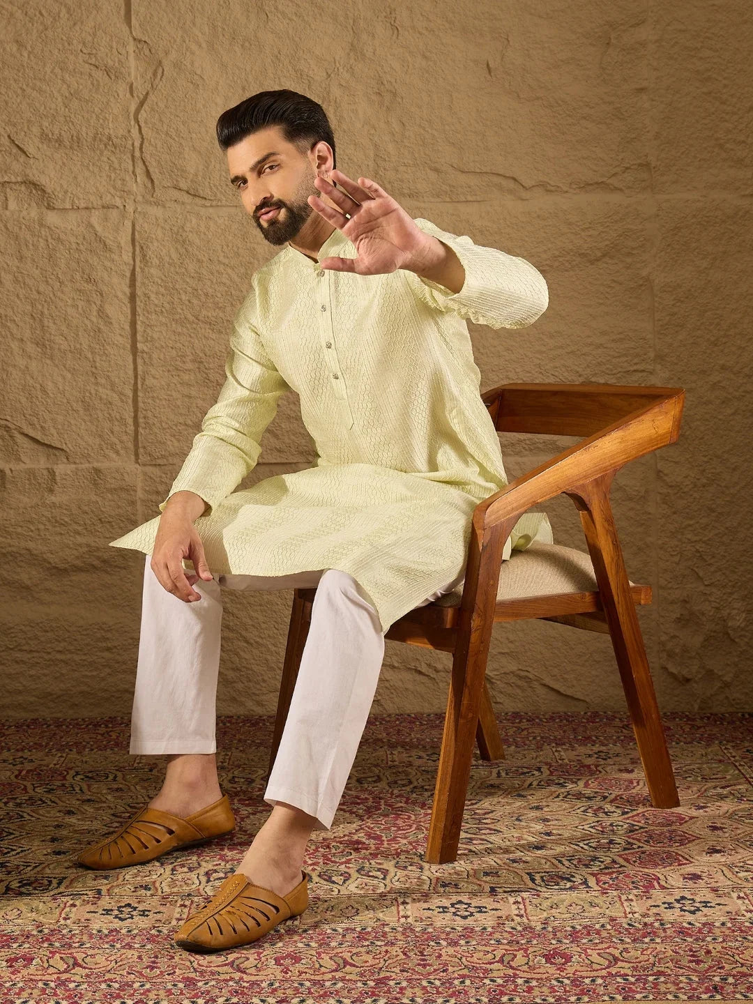 Men Green Silk Blend Embroidered Straight Kurta-MKU1287