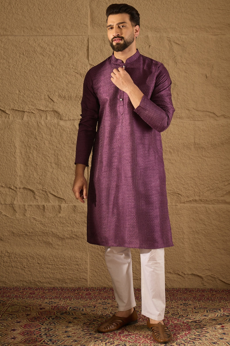 Purple Viscose Rayon Embroidered Mandarin Collar Straight Kurta MKU1288