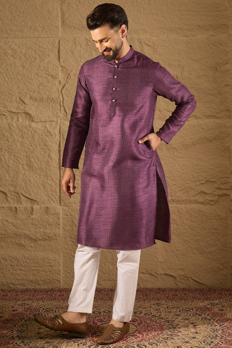 Purple Viscose Rayon Embroidered Mandarin Collar Straight Kurta MKU1288