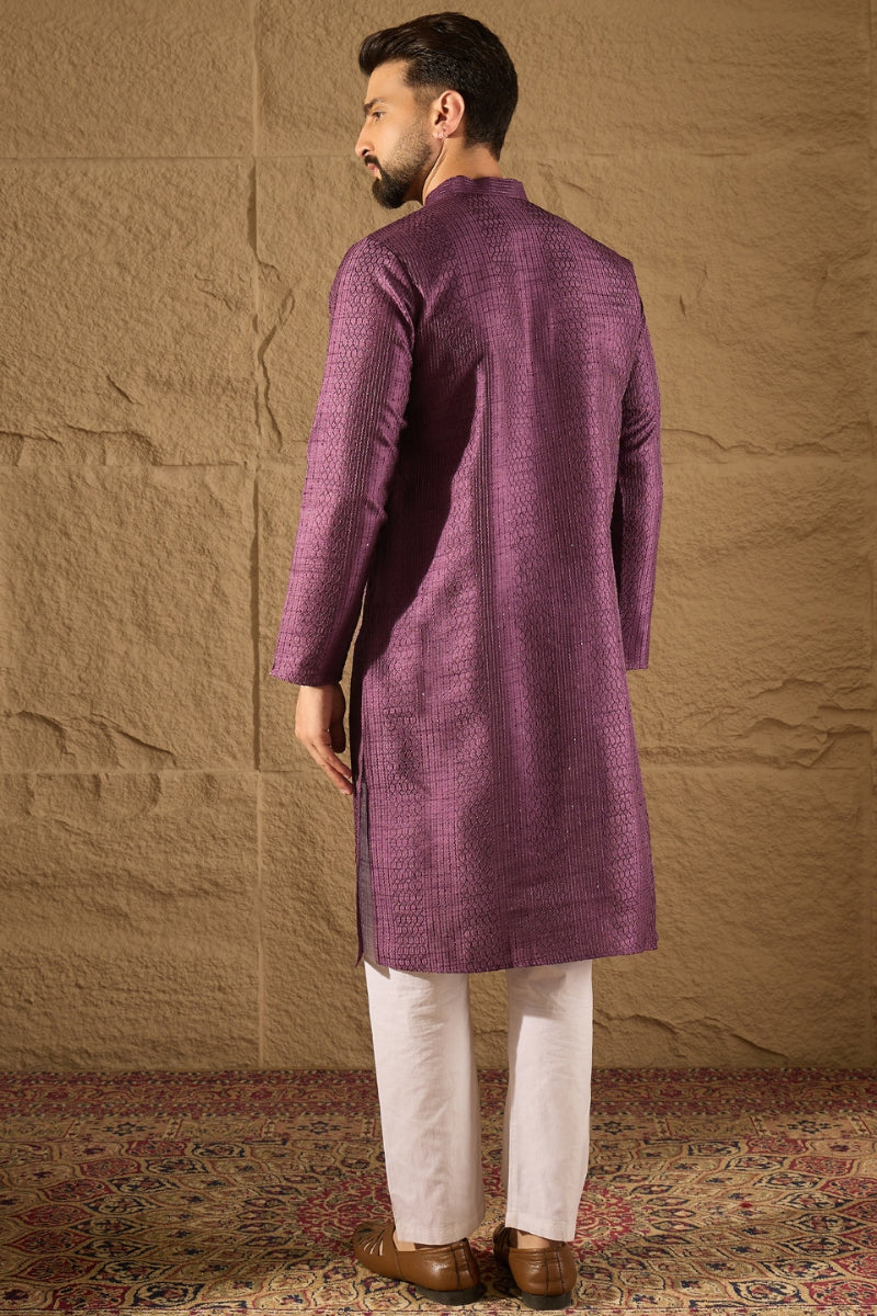 Purple Viscose Rayon Embroidered Mandarin Collar Straight Kurta MKU1288