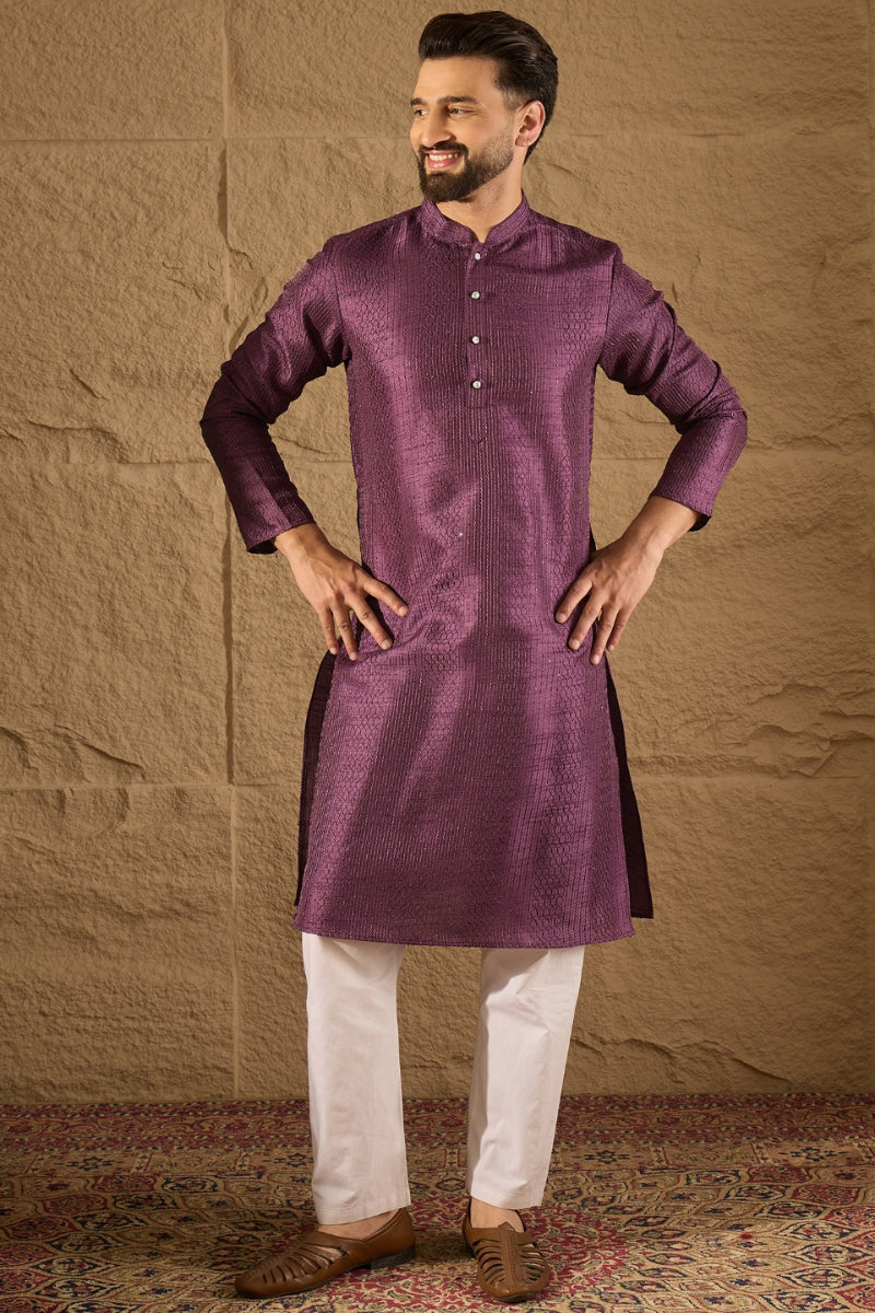 Purple Viscose Rayon Embroidered Mandarin Collar Straight Kurta MKU1288