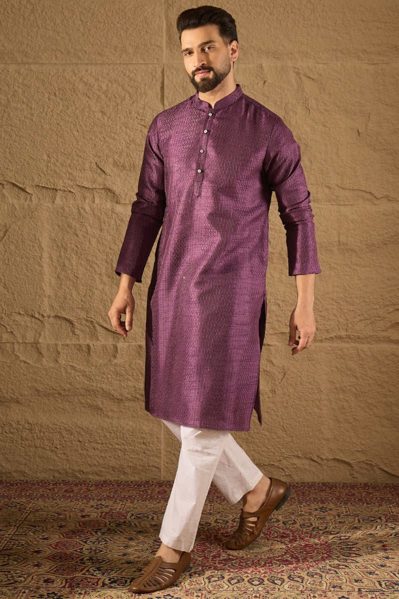 Purple Viscose Rayon Embroidered Mandarin Collar Straight Kurta MKU1288