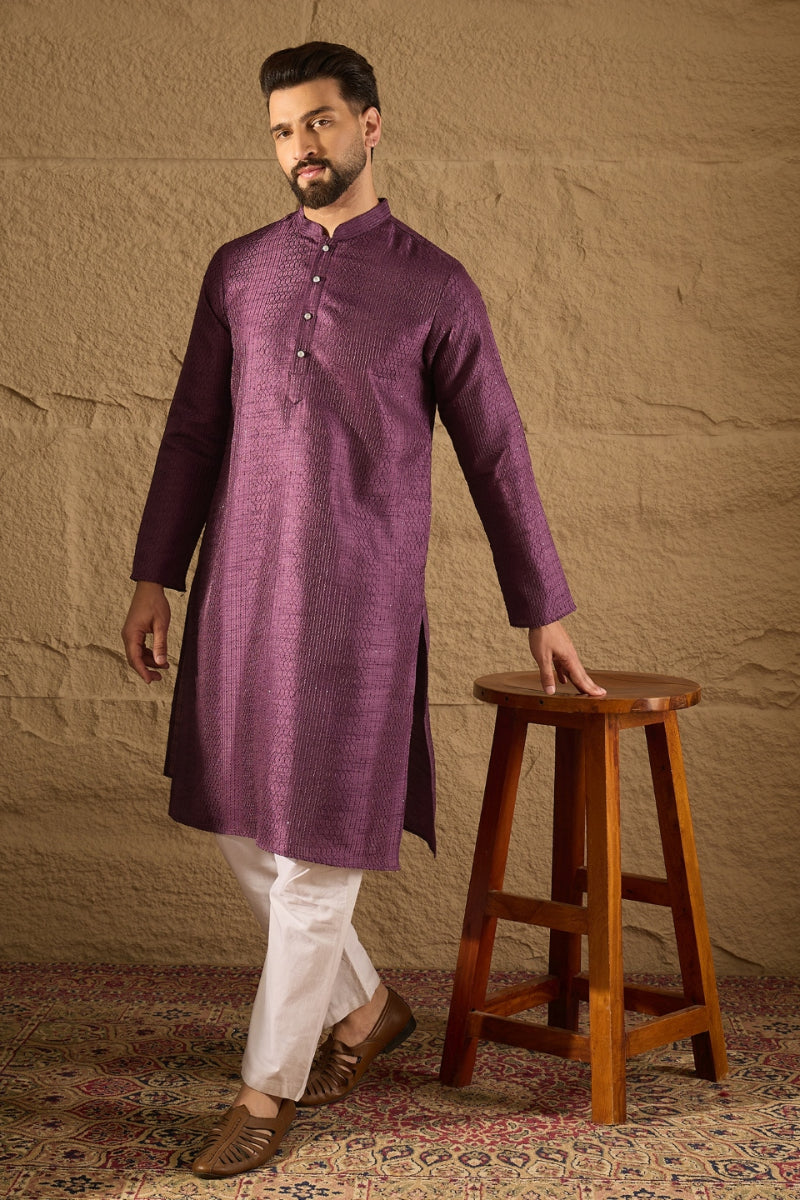 Purple Viscose Rayon Embroidered Mandarin Collar Straight Kurta MKU1288