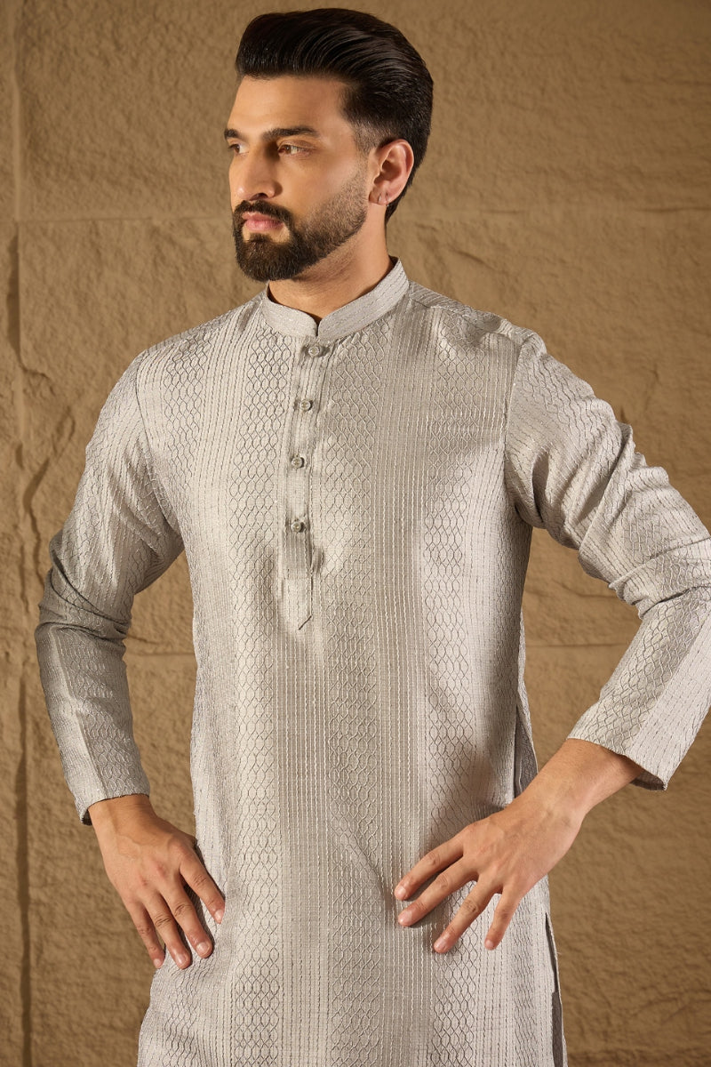 Grey Silk Blend Solid Embroidered Straight Kurta MKU1289