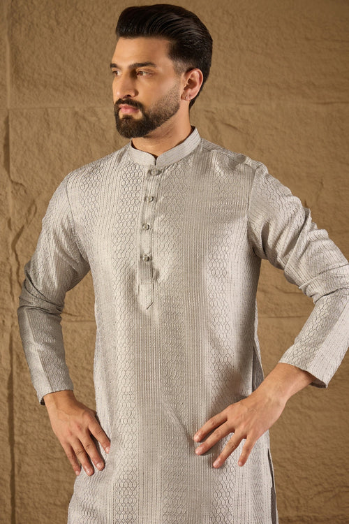 Grey Silk Blend Solid Embroidered Straight Kurta MKU1289