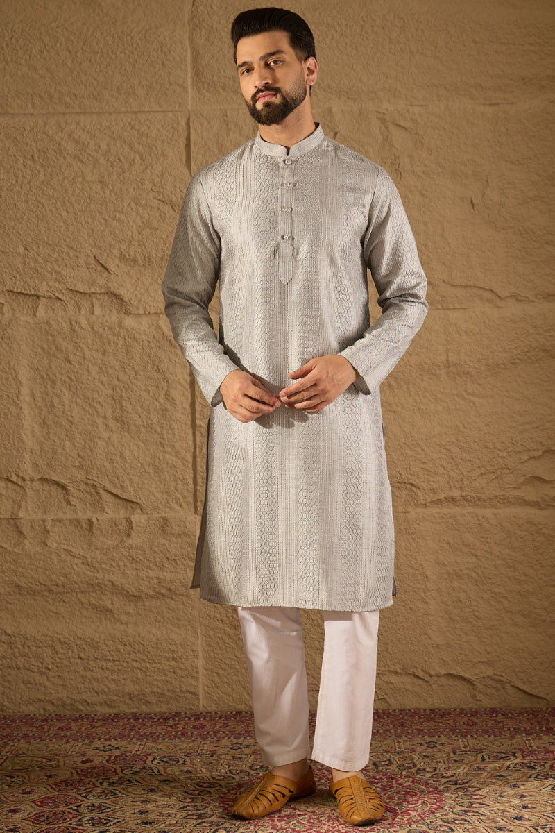 Grey Silk Blend Solid Embroidered Straight Kurta MKU1289