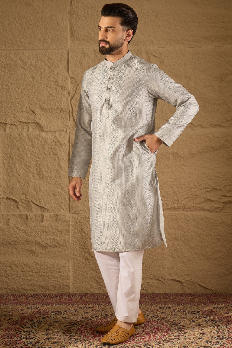 Grey Silk Blend Solid Embroidered Straight Kurta MKU1289