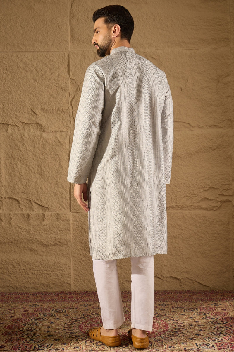 Grey Silk Blend Solid Embroidered Straight Kurta MKU1289