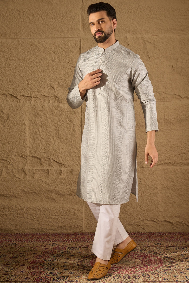Grey Silk Blend Solid Embroidered Straight Kurta MKU1289