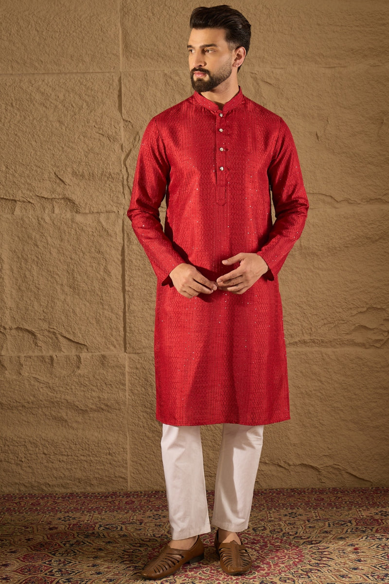 Red Viscose Rayon Embroidered Mandarin Collar Straight Kurta MKU1290