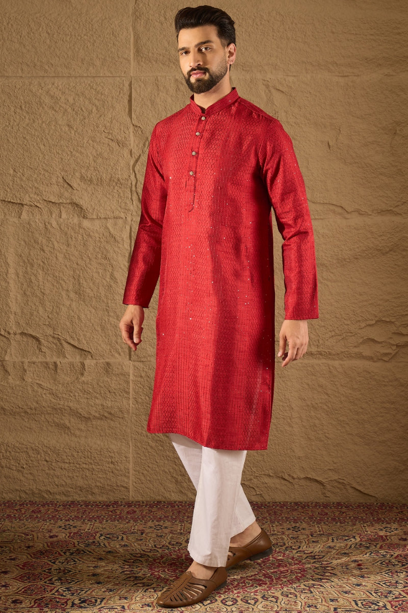Red Viscose Rayon Embroidered Mandarin Collar Straight Kurta MKU1290