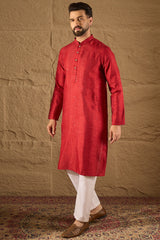 Red Viscose Rayon Embroidered Mandarin Collar Straight Kurta MKU1290
