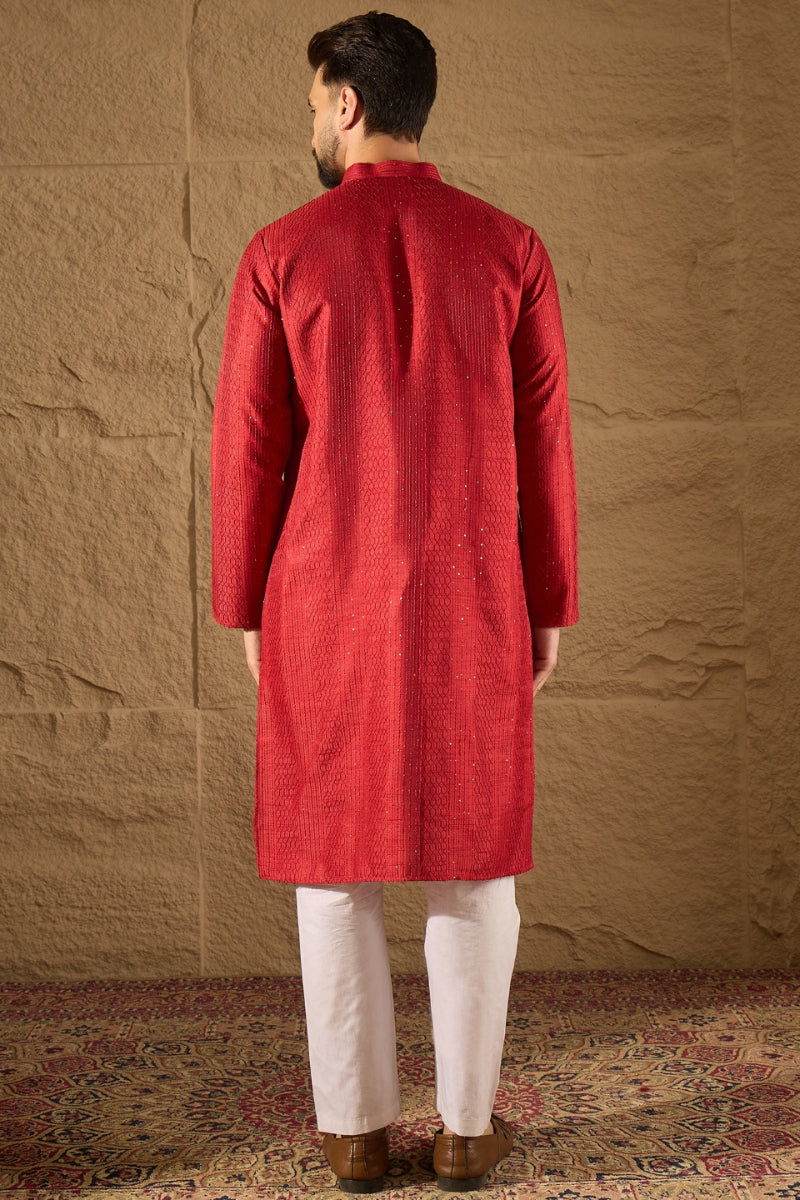 Red Viscose Rayon Embroidered Mandarin Collar Straight Kurta MKU1290
