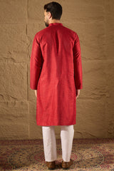 Red Viscose Rayon Embroidered Mandarin Collar Straight Kurta MKU1290
