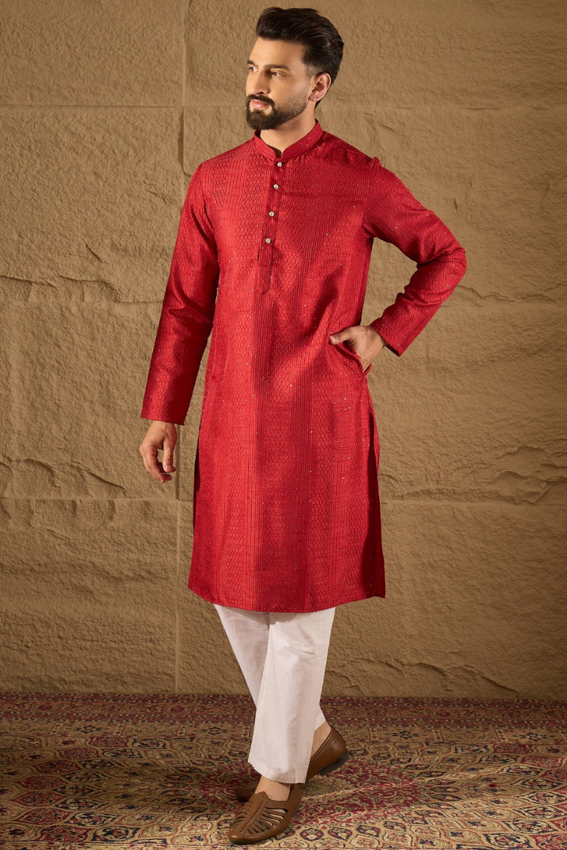 Red Viscose Rayon Embroidered Mandarin Collar Straight Kurta MKU1290