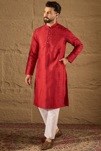 Red Viscose Rayon Embroidered Mandarin Collar Straight Kurta MKU1290