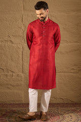 Red Viscose Rayon Embroidered Mandarin Collar Straight Kurta MKU1290
