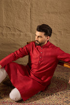 Red Viscose Rayon Embroidered Mandarin Collar Straight Kurta MKU1290