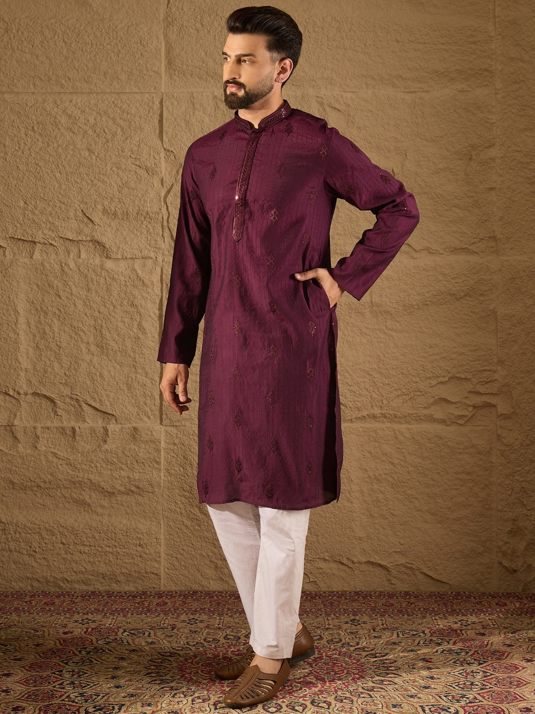Men Purple Viscose Rayon Solid Embroidered Straight Kurta-MKU1291