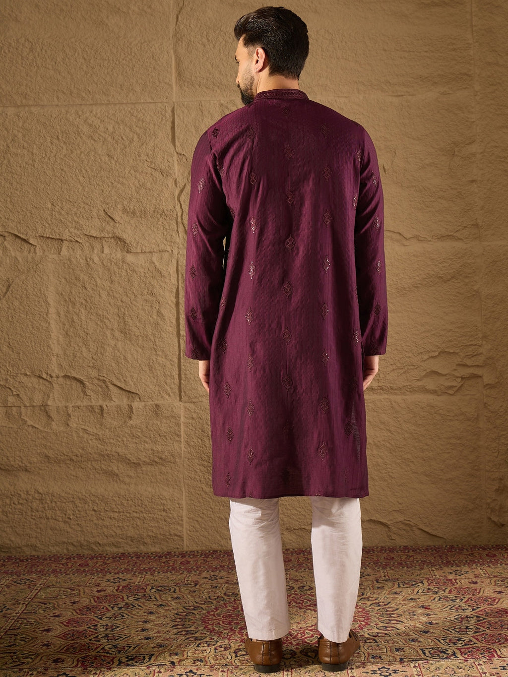Men Purple Viscose Rayon Solid Embroidered Straight Kurta-MKU1291