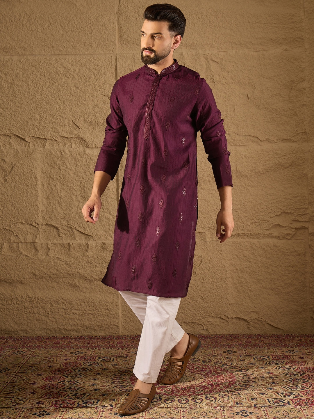 Men Purple Viscose Rayon Solid Embroidered Straight Kurta-MKU1291