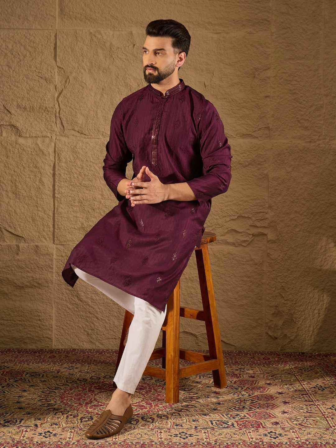 Men Purple Viscose Rayon Solid Embroidered Straight Kurta-MKU1291
