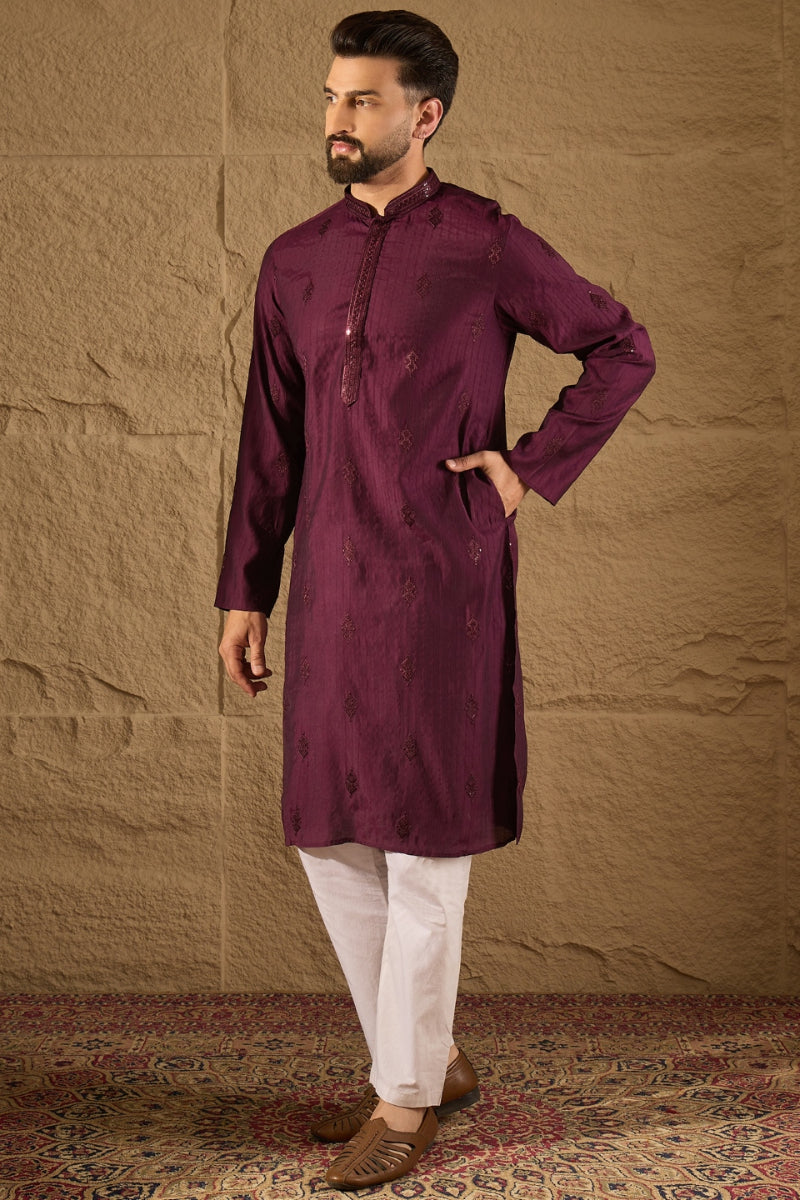 Purple Viscose Rayon Solid Embroidered Straight Kurta HOPMKU1291