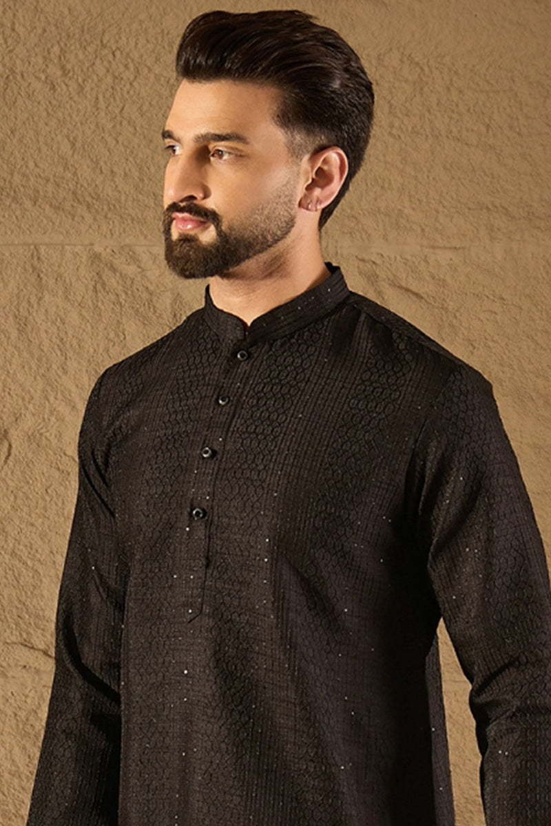 Black Viscose Rayon Embroidered Mandarin Collar Straight Kurta MKU1292