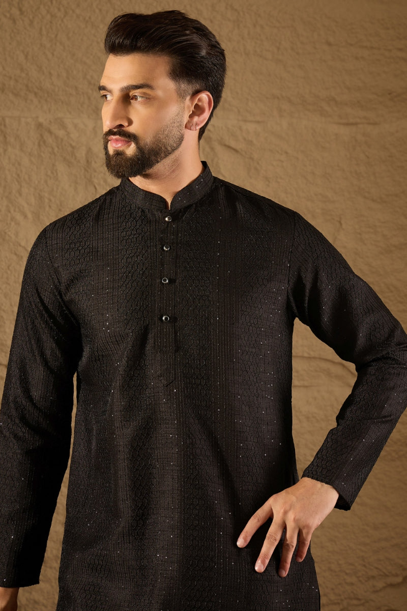 Black Viscose Rayon Embroidered Mandarin Collar Straight Kurta MKU1292