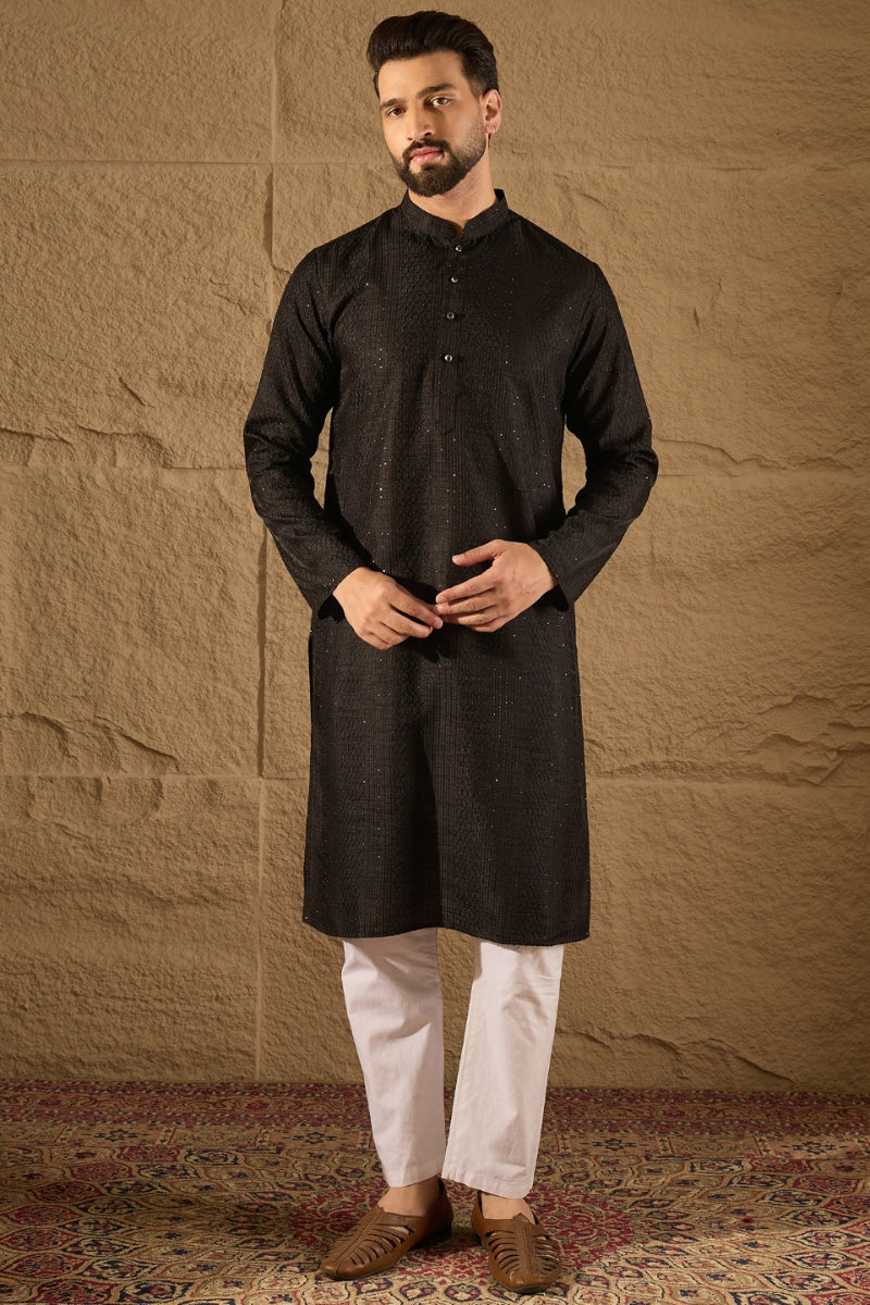 Black Viscose Rayon Embroidered Mandarin Collar Straight Kurta MKU1292