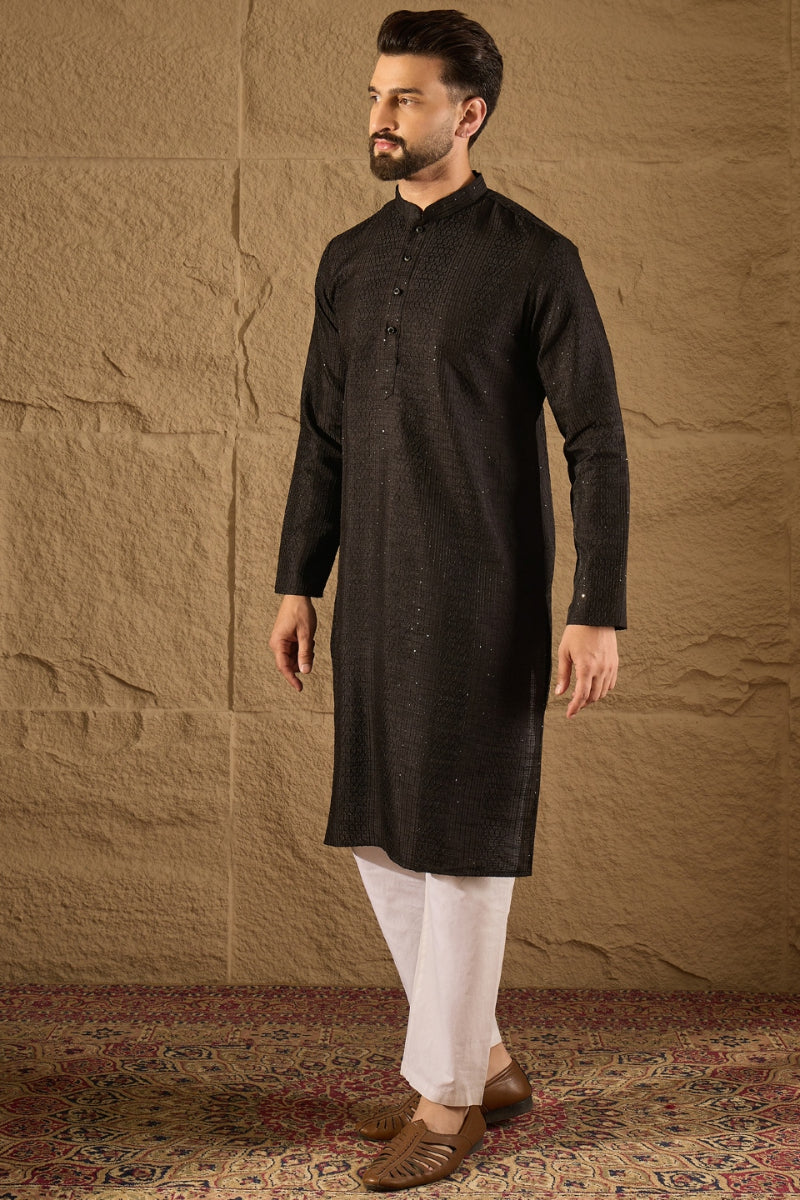 Black Viscose Rayon Embroidered Mandarin Collar Straight Kurta MKU1292