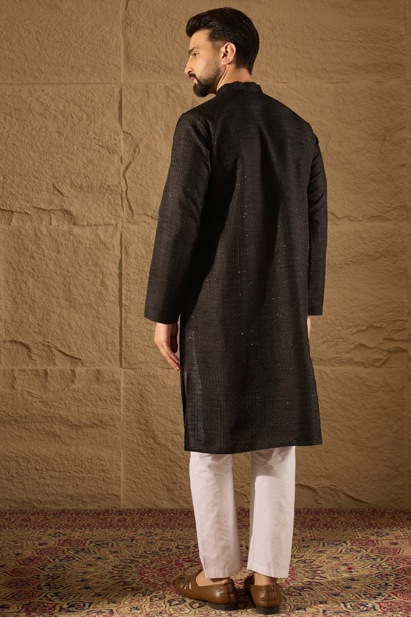 Black Viscose Rayon Embroidered Mandarin Collar Straight Kurta MKU1292