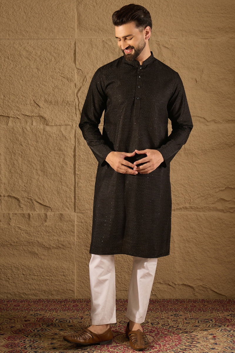 Black Viscose Rayon Embroidered Mandarin Collar Straight Kurta MKU1292