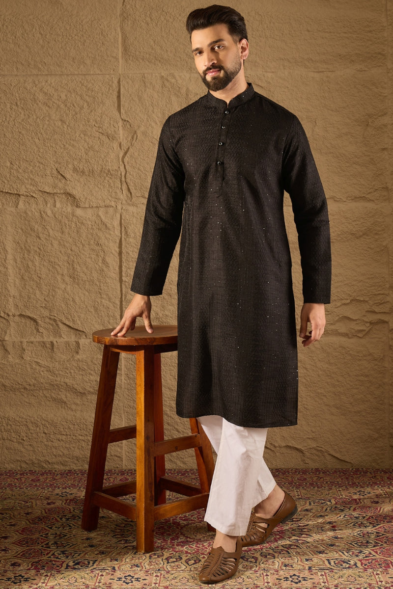 Black Viscose Rayon Embroidered Mandarin Collar Straight Kurta MKU1292