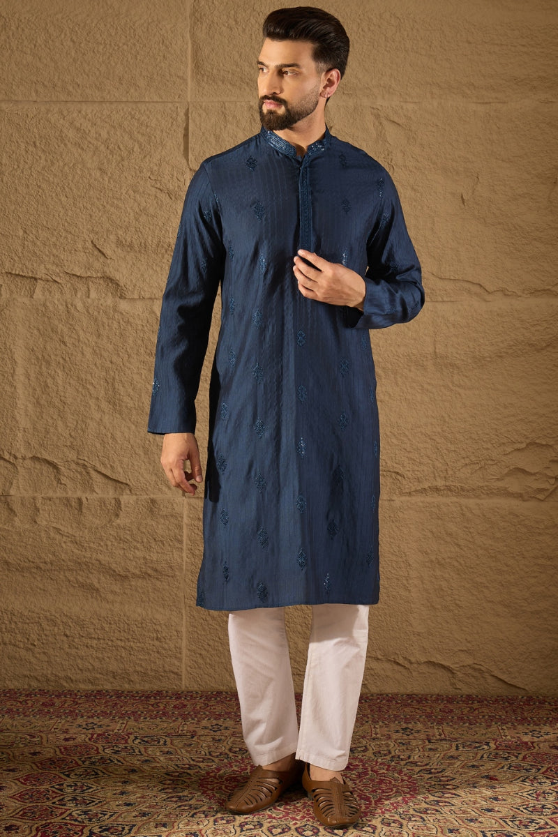 Blue Viscose Rayon Solid Embroidered Straight Kurta HOPMKU1293