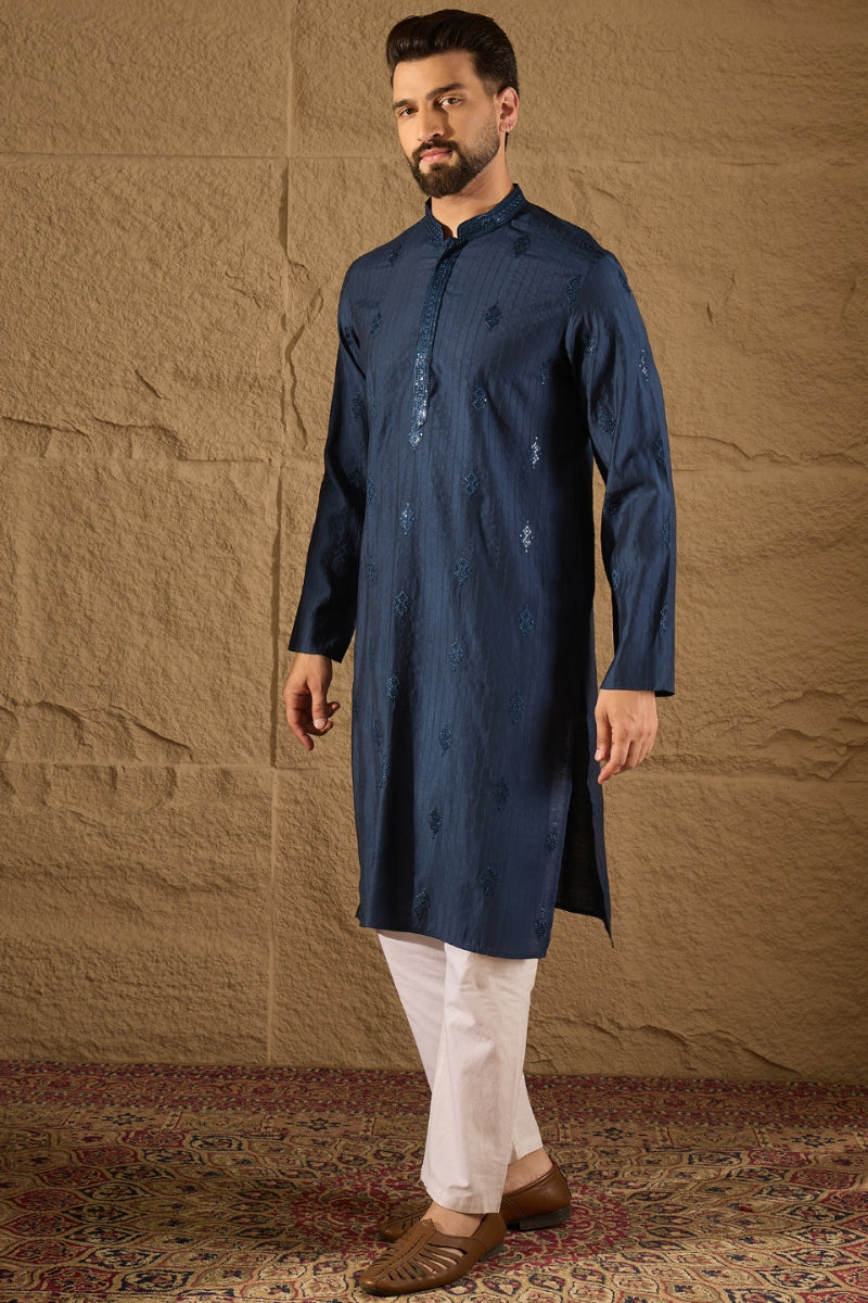 Blue Viscose Rayon Solid Embroidered Straight Kurta HOPMKU1293