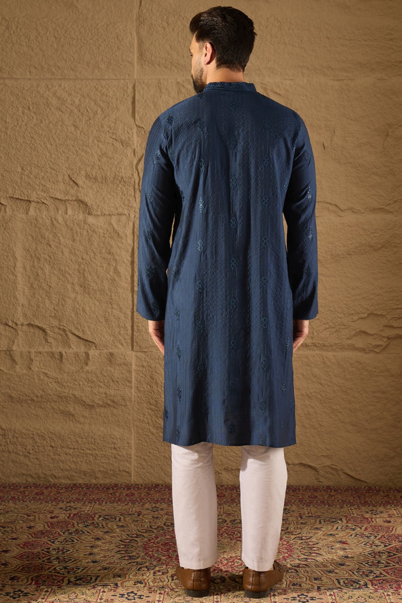 Blue Viscose Rayon Solid Embroidered Straight Kurta HOPMKU1293