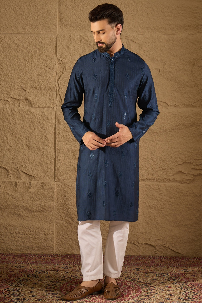 Blue Viscose Rayon Solid Embroidered Straight Kurta HOPMKU1293