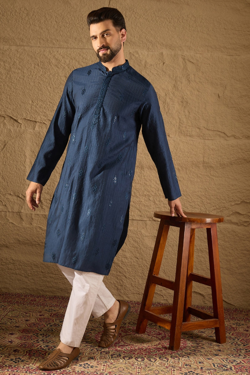 Blue Viscose Rayon Solid Embroidered Straight Kurta HOPMKU1293