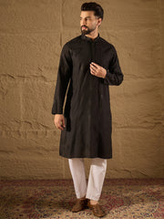 Men Black Viscose Rayon Solid Embroidered Straight Kurta-MKU1294