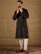 Men Black Viscose Rayon Solid Embroidered Straight Kurta-MKU1294