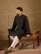 Men Black Viscose Rayon Solid Embroidered Straight Kurta-MKU1294