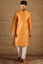 Yellow Silk Blend Ikat Printed Straight Kurta HOPMKU1298