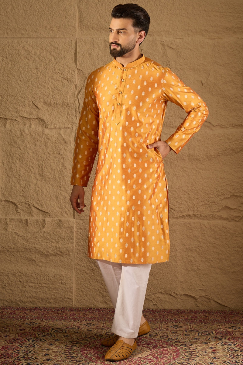 Yellow Silk Blend Ikat Printed Straight Kurta HOPMKU1298