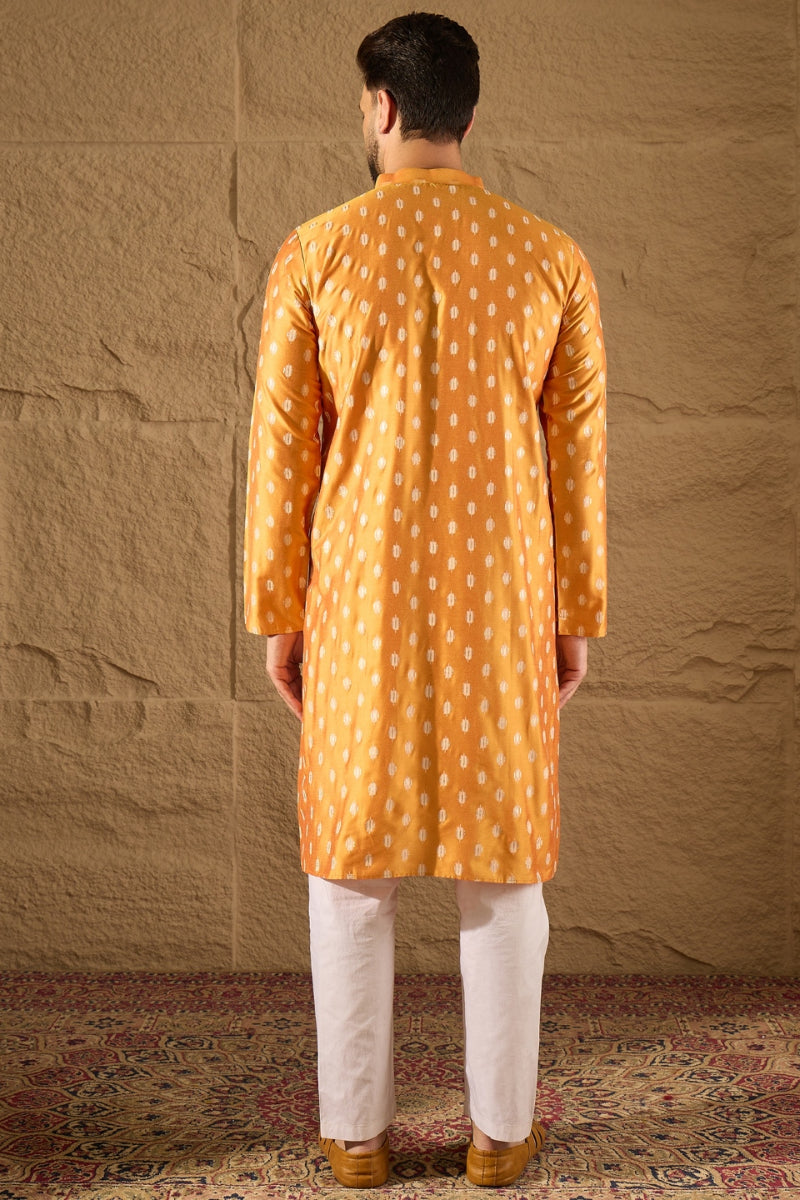 Yellow Silk Blend Ikat Printed Straight Kurta HOPMKU1298