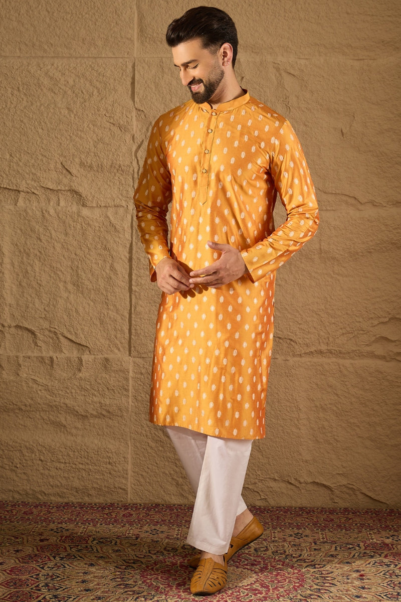 Yellow Silk Blend Ikat Printed Straight Kurta HOPMKU1298