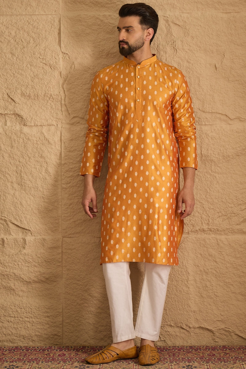 Yellow Silk Blend Ikat Printed Straight Kurta HOPMKU1298